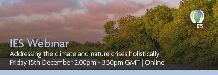 Photo of mangrove and coast with pink sunset overlaid with text: Addressing the climate and nature crises holistically, Friday 15th December online, 2:00pm - 3:30pm