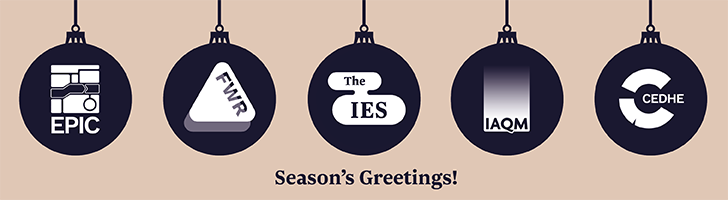 An image of a row of navy baubles, with each bauble inscribed with an IES community logo. 'Season's Greetings' is written underneath.