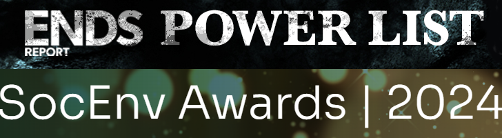 A banner image with the words ENDS Power List and SocEnv Awards 2024 on a dark background