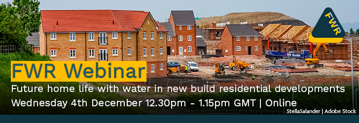 A banner showing new build houses, with text reading 'FWR Webinar - Future home life with water in new build residential developments'; Wednesday 4th December, 12:30-1.15 GMT, online