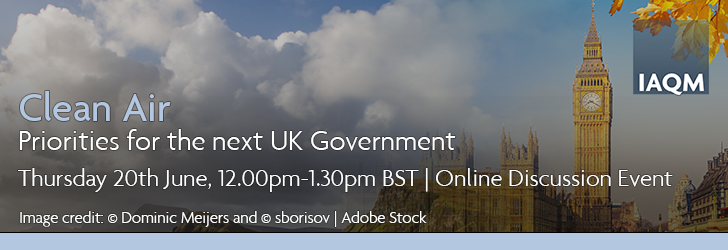 Clouds fading into UK Parliament with overlaid text: "Clean Air: priorities for the next UK Government, Thursday 20th June, 12.00pm-1.30pm, Online discussion event"