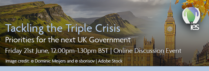 Natural landscape fading into UK Parliament with overlaid text: "Tackling the Triple Crisis: priorities for the next UK Government, Friday 21st June, 12.00pm-1.30pm, online discussion event"