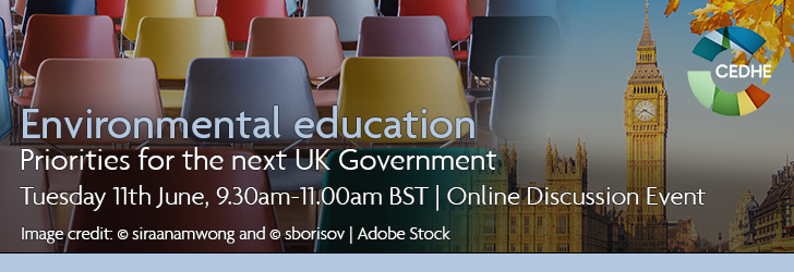 Classroom chairs fading into UK Parliament, with overlaid text: "Environmental education: priorities for the next UK Government, Tuesday 11th June, 9.30am-11.00am, online discussion event"