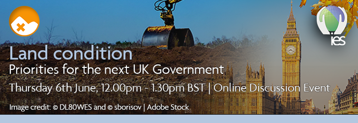 Brownfield land fading to UK Parliament with overlaid text "Land condition: priorities for the next UK Government, Thursday 6th June, 12.00-1.30pm, online discussion event"