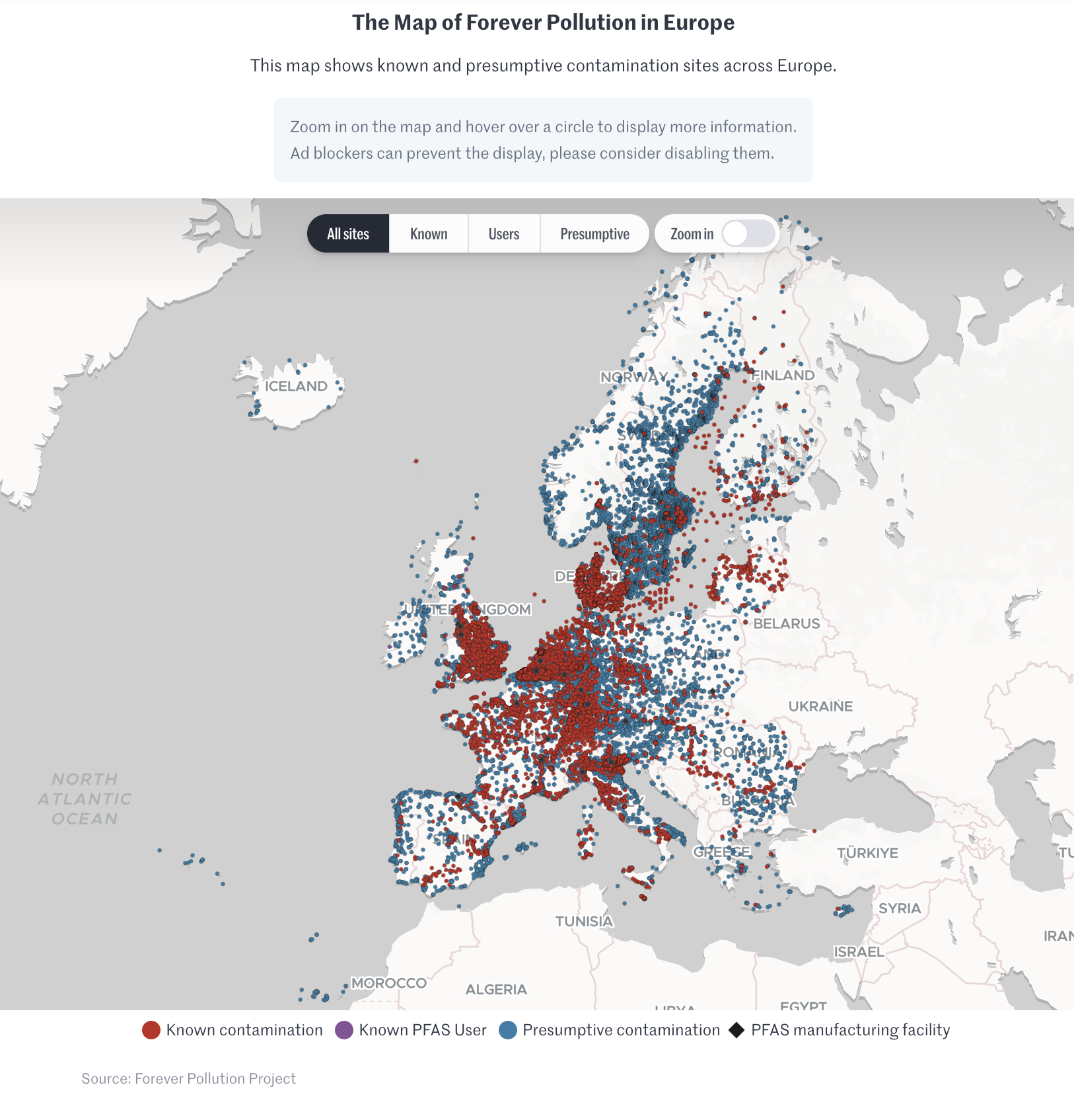 A map of Europe showing known and potential sites of PFAS contaminationmarked by coloured dots