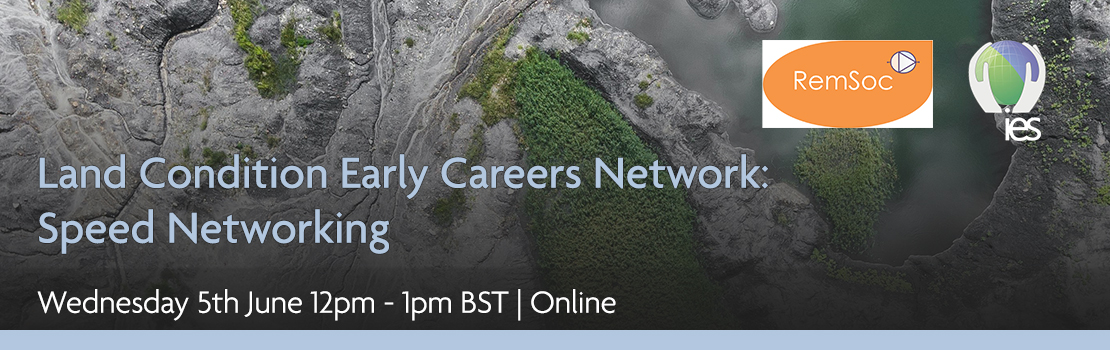 Aerial view of soil with trees and water. Overlaid with text reading 'Land Condition Early Careers Network: Speed Networking. Wednesday 5th June 12pm - 1pm BST. Online.' Features the IES and RemSoc logos in the top right corner.