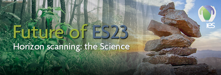 forest fading to aesthetic pile of stones with overlaid text: "Future of ES23 - Horizon scanning: the Science"