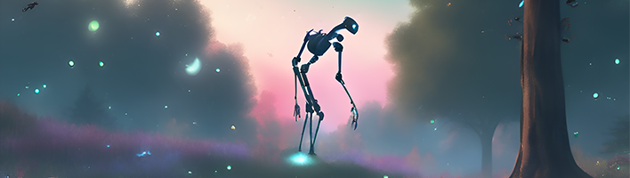 An image generated by DreamStudio AI programme, with a tall robot-like figure walking through a dreamy landscape with fireflies in the foreground