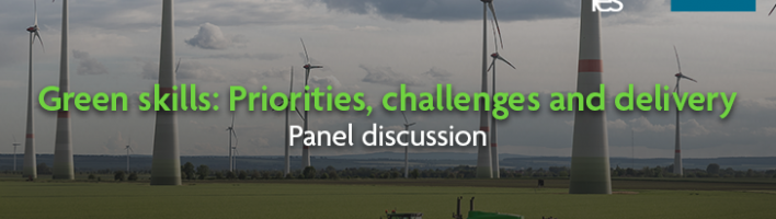 Wind turbines and tractor with overlaid text: "Green skills: Priorities, challenges and delivery, panel discussion © Kirill Gorlov | Adobe Stock"