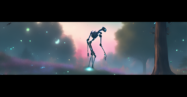 An image generated by DreamStudio AI programme, with a tall robot-like figure walking through a dreamy landscape with fireflies in the foreground